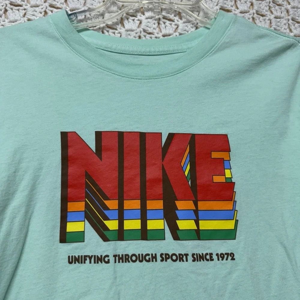 Nike Sportswear T-Shirt Mens S Green Long Slv Geometric Crew Neck 100%Cotton
